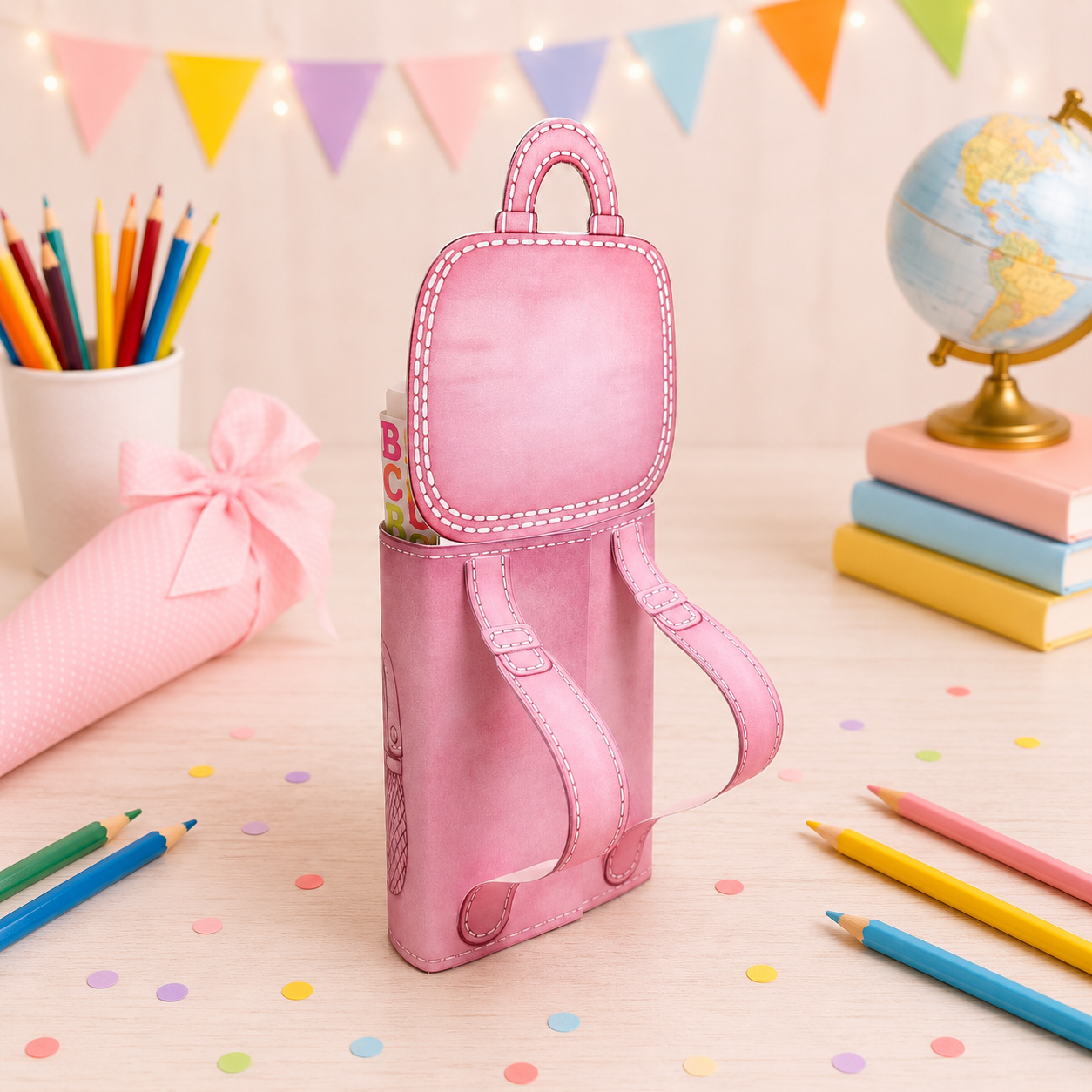 Geschenk zur Einschulung, rosa Schulrucksack-Variante, Duplo-Banderole, kleine Aufmerksamkeit, Druckvorlage, Sofort-Download, Last-Minute-Geschenk, PDF-Datei