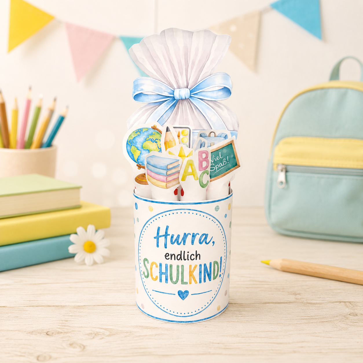 Geschenk zur Einschulung, blaue Schultüten-Variante, Duplo-Banderole, kleine Aufmerksamkeit, Druckvorlage, Sofort-Download, Last-Minute-Geschenk, PDF-Datei