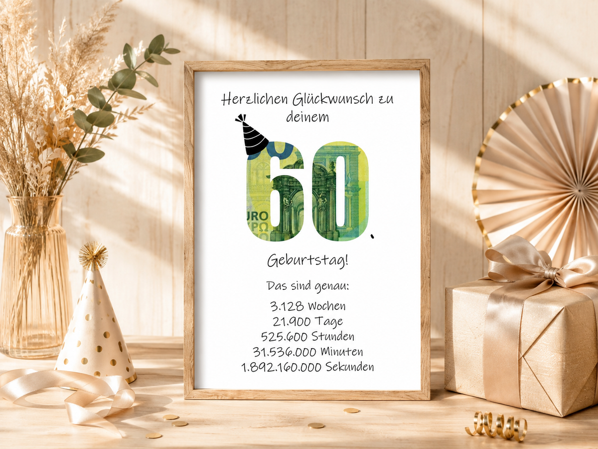 Geldgeschenk 60. Geburtstag, Geschenk, Druckvorlage, Sofort-Download, Last-Minute-Geschenk, PDF-Datei