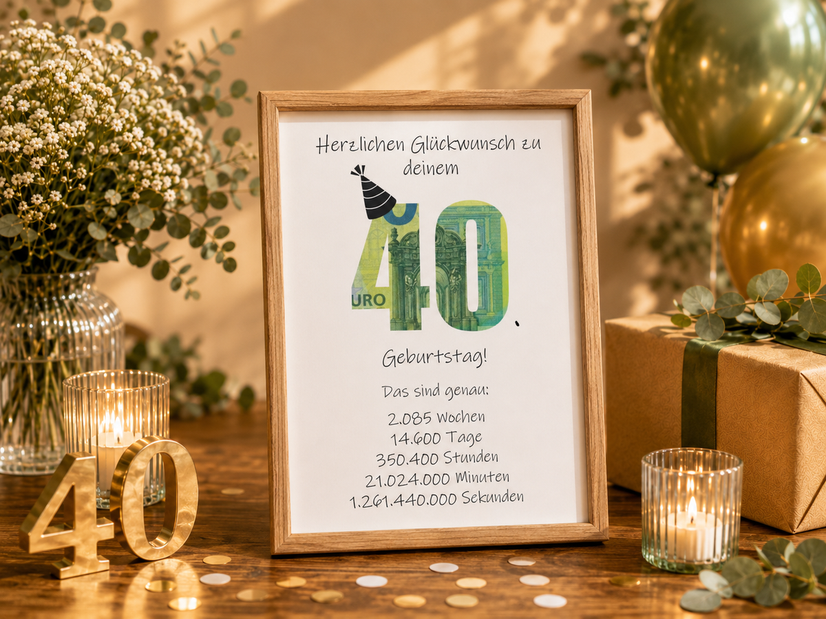 Geldgeschenk 40. Geburtstag, Geschenk, Druckvorlage, Sofort-Download, Last-Minute-Geschenk, PDF-Datei