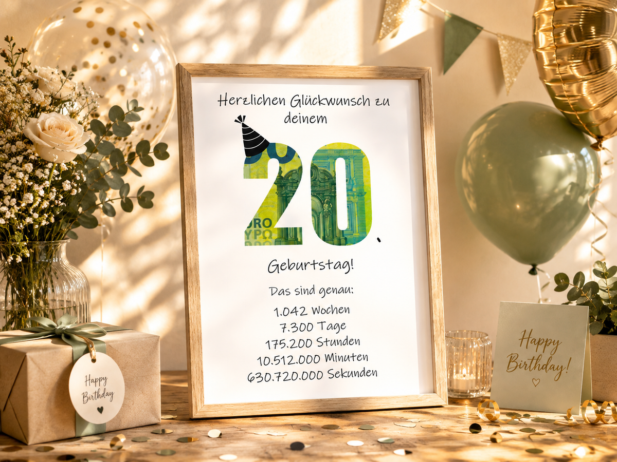 Geldgeschenk 20. Geburtstag, Geschenk, Druckvorlage, Sofort-Download, PDF