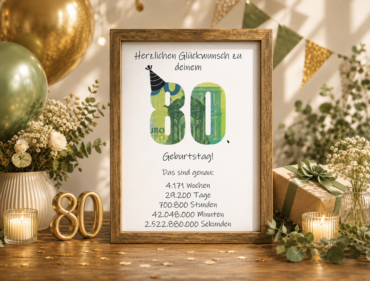 Geldgeschenk 80. Geburtstag, Geschenk, Druckvorlage, Sofort-Download, Last-Minute-Geschenk, PDF-Datei