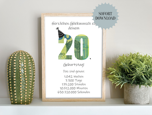 Geldgeschenk 20. Geburtstag, Geschenk, Druckvorlage, Sofort-Download, PDF