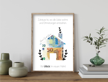 Geldgeschenk, Einweihungsgeschenk, neues Haus, neue Wohnung, neues Heim, Druckvorlage, Sofort-Download, PDF
