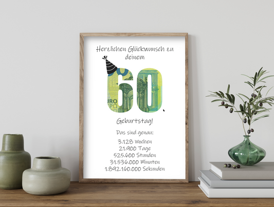Geldgeschenk 60. Geburtstag, Geschenk, Druckvorlage, Sofort-Download,  Last-Minute-Geschenk, PDF-Datei