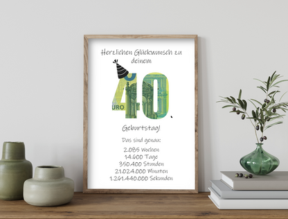 Geldgeschenk 40. Geburtstag, Geschenk, Druckvorlage, Sofort-Download,  Last-Minute-Geschenk, PDF-Datei