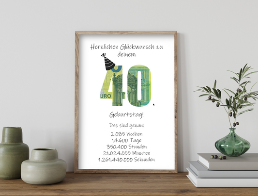 Geldgeschenk 40. Geburtstag, Geschenk, Druckvorlage, Sofort-Download,  Last-Minute-Geschenk, PDF-Datei
