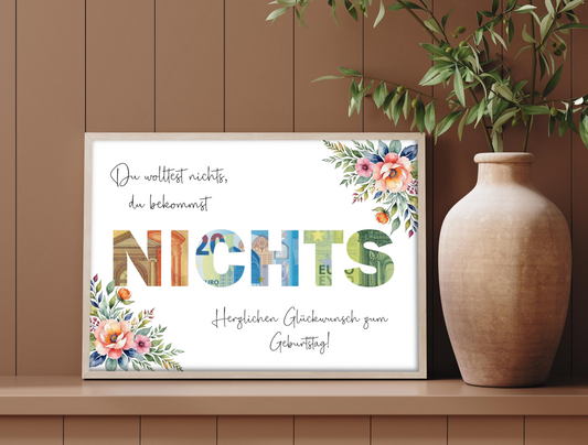 Geldgeschenk "Nichts", Druckvorlage, Geburtstag, Geschenk, kein Wunsch,  Sofort-Download, PDF-Datei
