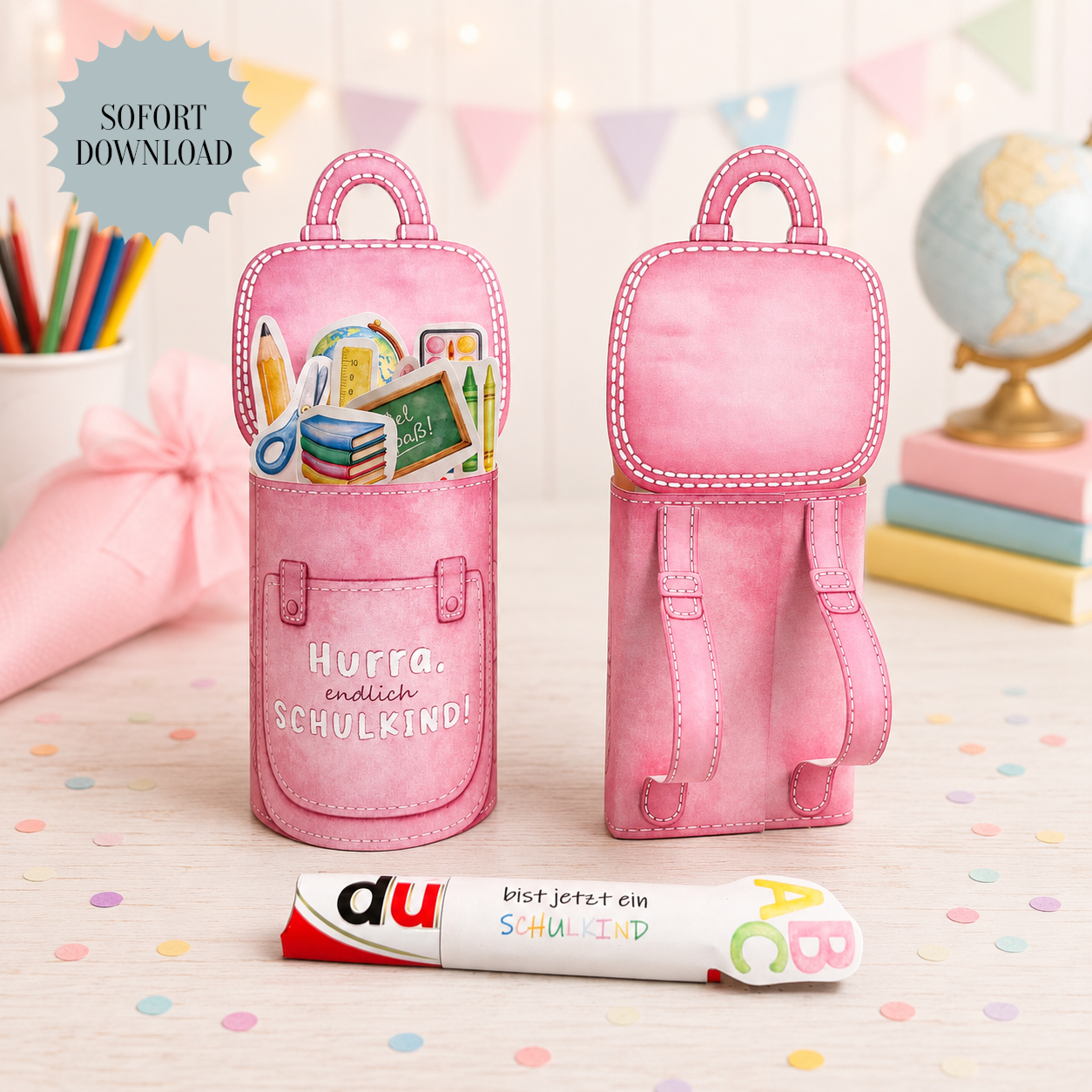 Geschenk zur Einschulung, rosa Schulrucksack-Variante, Duplo-Banderole, kleine Aufmerksamkeit, Druckvorlage, Sofort-Download, Last-Minute-Geschenk, PDF-Datei