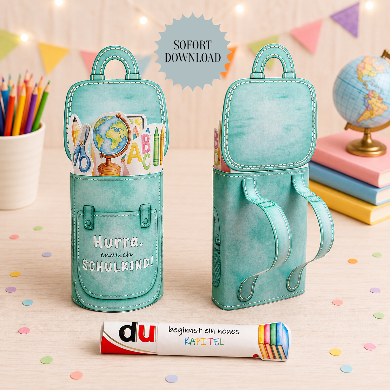 Geschenk zur Einschulung, grüne Schulrucksack-Variante, Duplo-Banderole, kleine Aufmerksamkeit, Druckvorlage, Sofort-Download, Last-Minute-Geschenk, PDF-Datei
