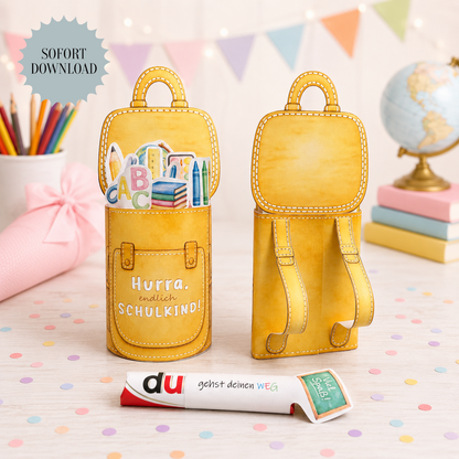 Geschenk zur Einschulung, gelbe Schulrucksack-Variante, Duplo-Banderole, kleine Aufmerksamkeit, Druckvorlage, Sofort-Download, Last-Minute-Geschenk, PDF-Datei