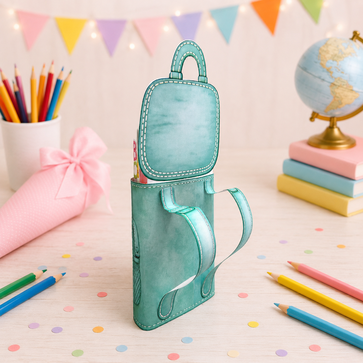 Geschenk zur Einschulung, grüne Schulrucksack-Variante, Duplo-Banderole, kleine Aufmerksamkeit, Druckvorlage, Sofort-Download, Last-Minute-Geschenk, PDF-Datei