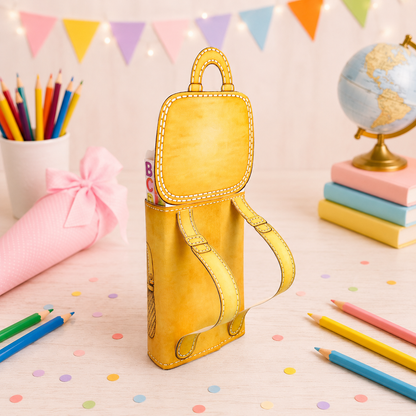 Geschenk zur Einschulung, gelbe Schulrucksack-Variante, Duplo-Banderole, kleine Aufmerksamkeit, Druckvorlage, Sofort-Download, Last-Minute-Geschenk, PDF-Datei