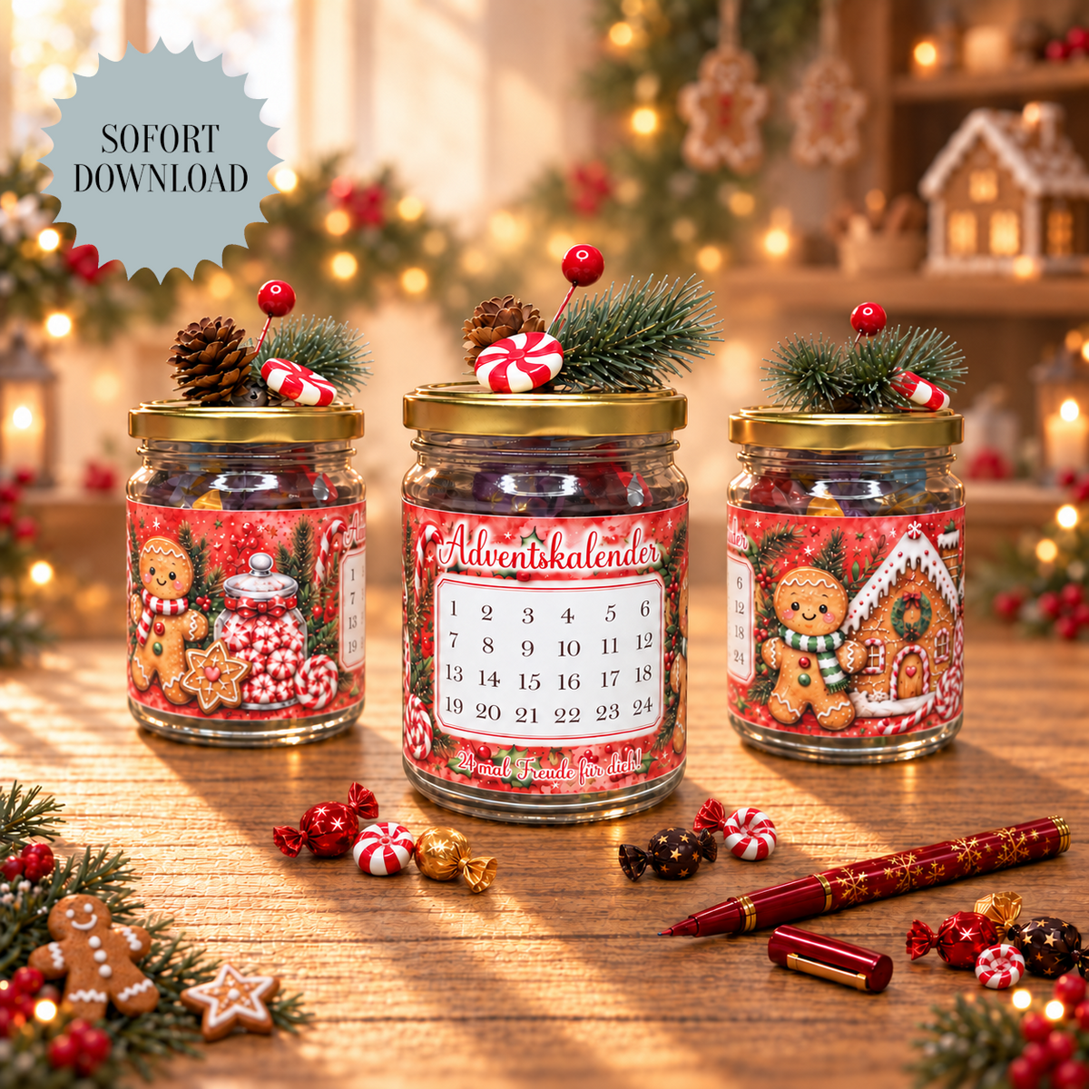 Adventskalender mit 24 Bonbons, Glas-Banderole, rot, Weihnachtsgeschenk, kleine Aufmerksamkeit, Druckvorlage, PDF-Datei