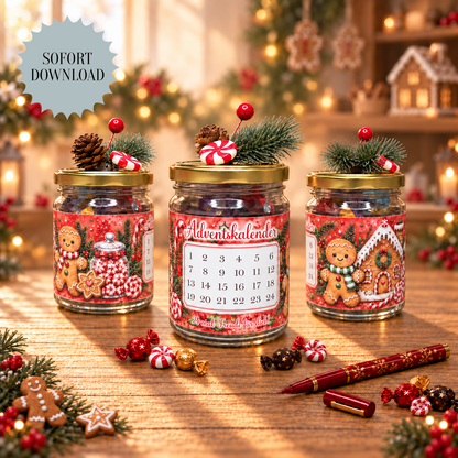 Adventskalender mit 24 Bonbons, Glas-Banderole, rot, Weihnachtsgeschenk, kleine Aufmerksamkeit, Druckvorlage, PDF-Datei