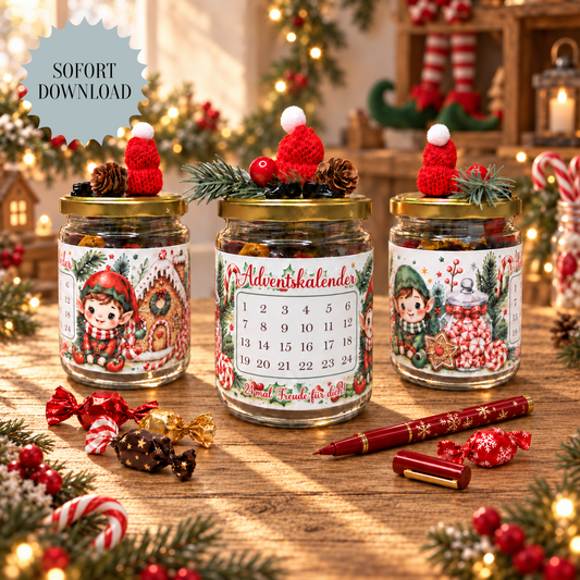 Adventskalender mit 24 Bonbons, Glas-Banderole, grün, Elf-Version, Weihnachtsgeschenk, kleine Aufmerksamkeit, Druckvorlage, PDF-Datei