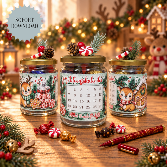 Adventskalender mit 24 Bonbons, Glas-Banderole, grün, Rentier-Version, Weihnachtsgeschenk, kleine Aufmerksamkeit, Druckvorlage, PDF-Datei