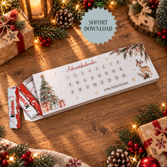 Adventskalender, Kinderriegel-Banderole, Weihnachtsgeschenk, kleine Aufmerksamkeit, Druckvorlage, PDF-Datei