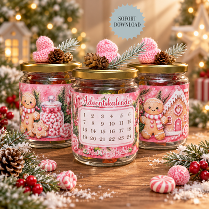 Adventskalender mit 24 Bonbons, Glas-Banderole, pink, Weihnachtsgeschenk, kleine Aufmerksamkeit, Druckvorlage, PDF-Datei