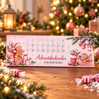Adventskalender, Kinderriegel-Banderole, pink, Weihnachtsgeschenk, kleine Aufmerksamkeit, Druckvorlage, PDF-Datei