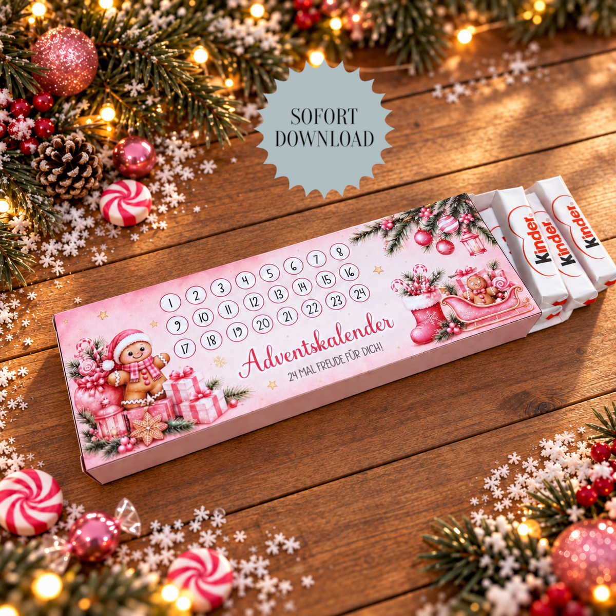 Adventskalender, Kinderriegel-Banderole, pink, Weihnachtsgeschenk, kleine Aufmerksamkeit, Druckvorlage, PDF-Datei