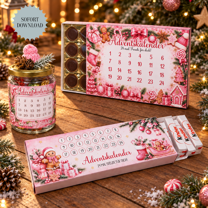 Pinke Adventskalender, 3er-Paket, Kinderriegel-, Toffifee und Glas-Banderole, Weihnachtsgeschenk, kleine Aufmerksamkeit, Druckvorlage, PDF-Datei