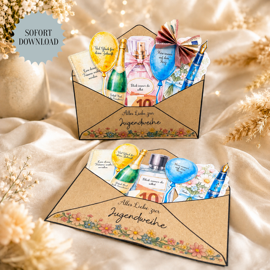 Geschenk zur Jugendweihe, Geldgeschenk, Gutscheingeschenk, männliche und weibliche Varinte, kleine Aufmerksamkeit, Druckvorlage, Sofort-Download,  Last-Minute-Geschenk, PDF-Datei