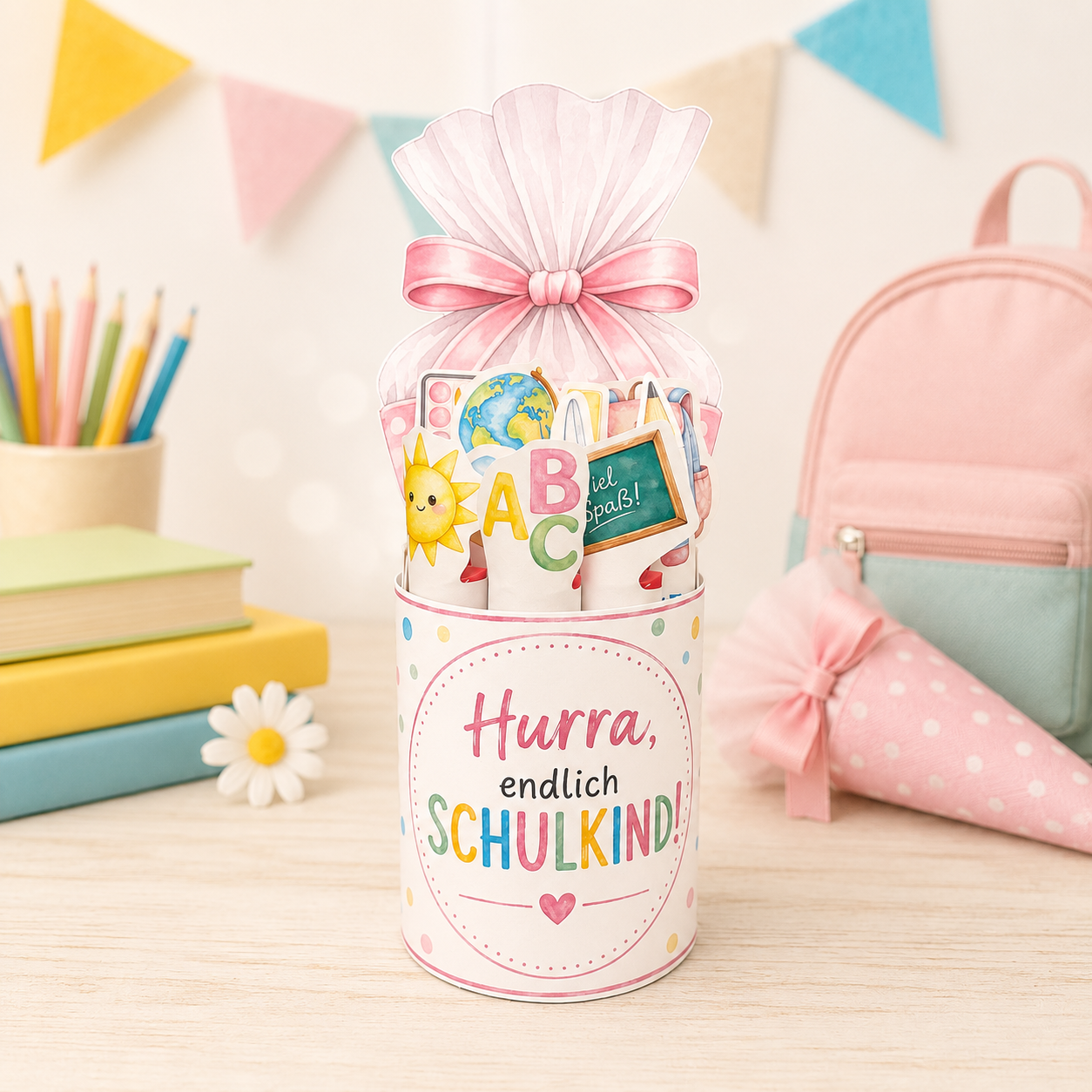 Geschenk zur Einschulung, rosa Schultüten-Variante, Duplo-Banderole, kleine Aufmerksamkeit, Druckvorlage, Sofort-Download, Last-Minute-Geschenk, PDF-Datei