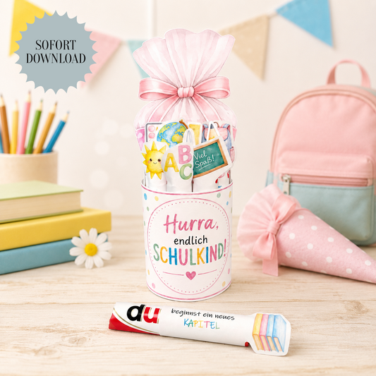 Geschenk zur Einschulung, rosa Schultüten-Variante, Duplo-Banderole, kleine Aufmerksamkeit, Druckvorlage, Sofort-Download, Last-Minute-Geschenk, PDF-Datei