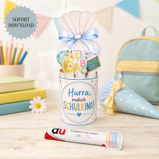 Geschenk zur Einschulung, blaue Schultüten-Variante, Duplo-Banderole, kleine Aufmerksamkeit, Druckvorlage, Sofort-Download, Last-Minute-Geschenk, PDF-Datei