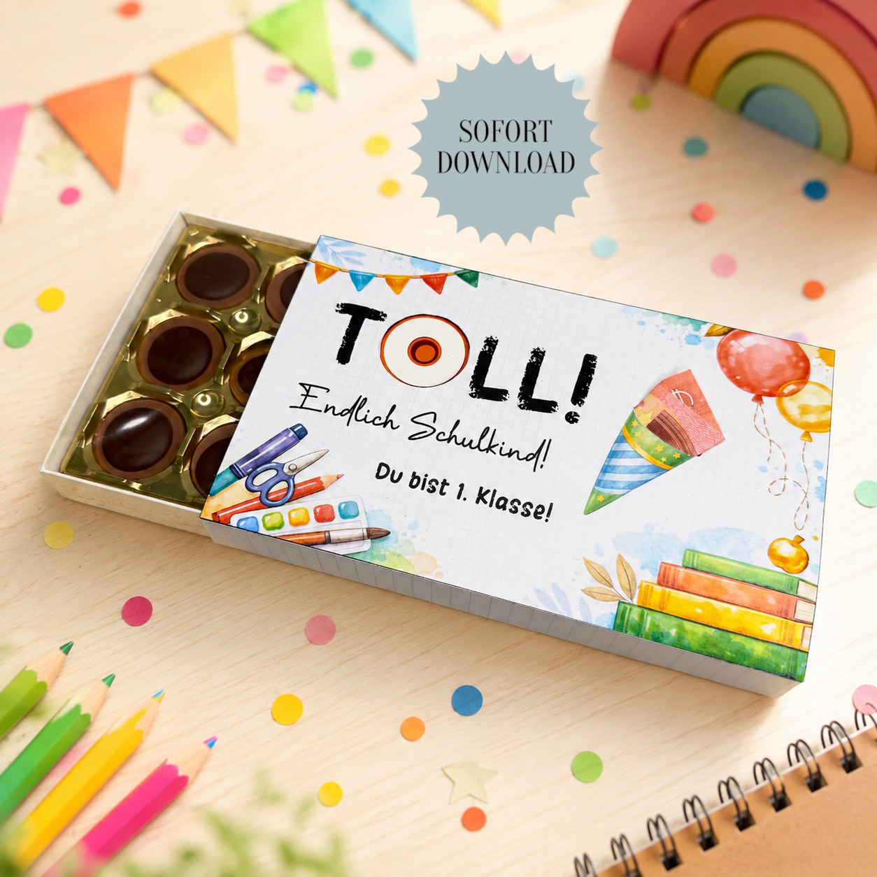 Geldgeschenk zur Einschulung, Toffifee-Banderole, kleine Aufmerksamkeit, Druckvorlage, Sofort-Download,  Last-Minute-Geschenk, PDF-Datei