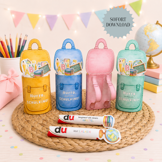 Geschenk zur Einschulung, Paket-Version, 4 Varianten, 4 Farben, Duplo-Banderole, kleine Aufmerksamkeit, Druckvorlage, Sofort-Download, Last-Minute-Geschenk, PDF-Datei