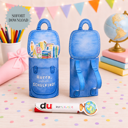 Geschenk zur Einschulung, blaue Schulrucksack-Variante, Duplo-Banderole, kleine Aufmerksamkeit, Druckvorlage, Sofort-Download, Last-Minute-Geschenk, PDF-Datei