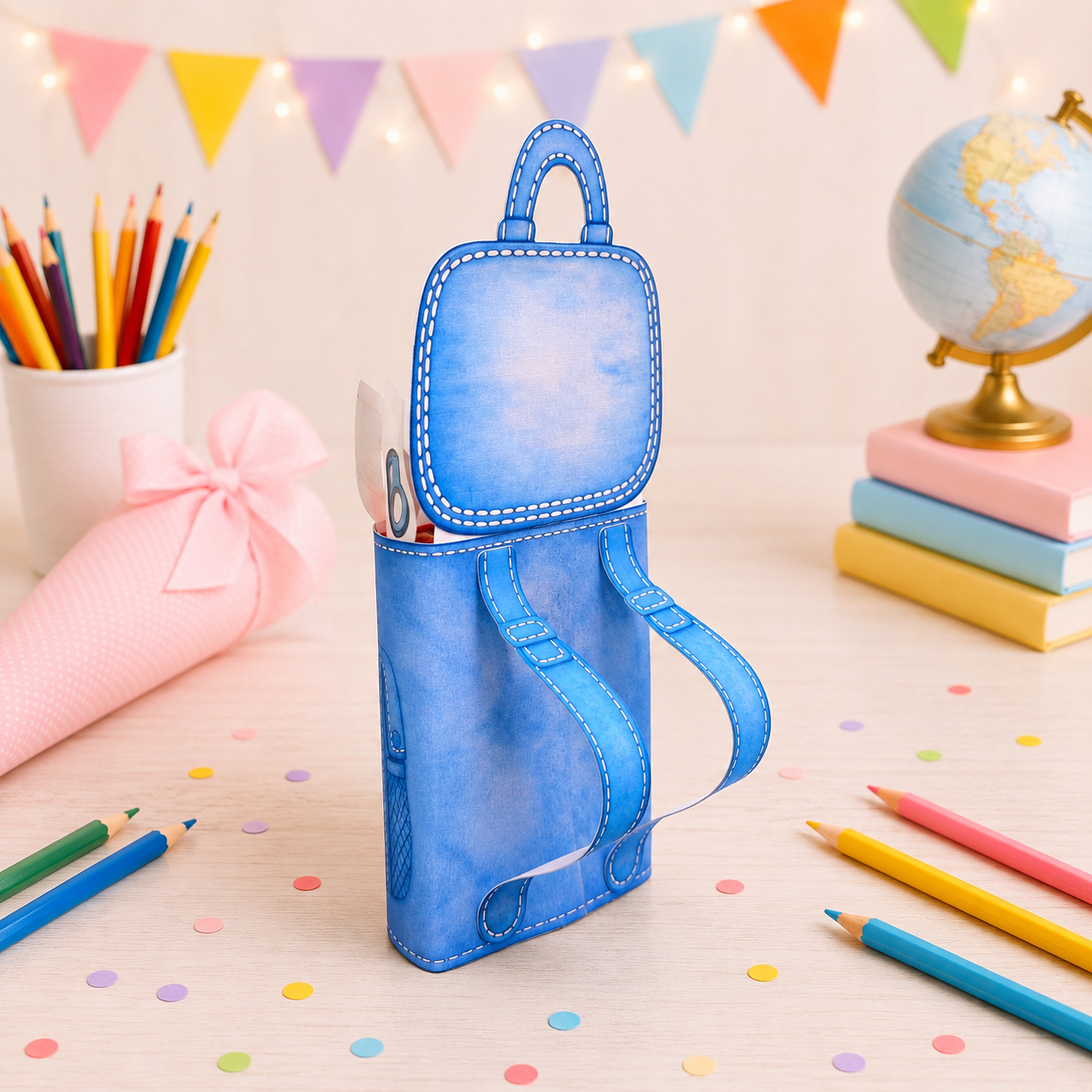 Geschenk zur Einschulung, blaue Schulrucksack-Variante, Duplo-Banderole, kleine Aufmerksamkeit, Druckvorlage, Sofort-Download, Last-Minute-Geschenk, PDF-Datei