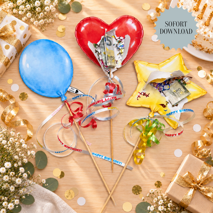 Geldgeschenk, Gutscheingeschenk, Ballon zum Aufreißen, kleine Aufmerksamkeit, Druckvorlage, Sofort-Download, Last-Minute-Geschenk, PDF-Datei