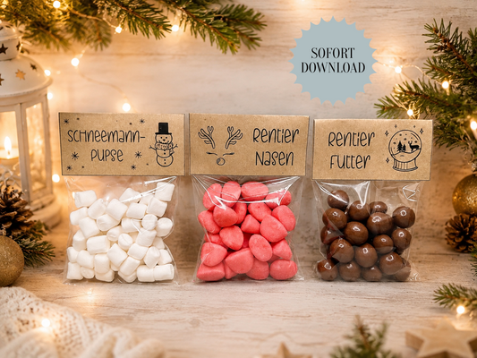 Weihnachten Tüten, Rentiernasen, Rentierfutter, Schneemannpupse, kleine Aufmerksamkeit, Druckvorlage, PDF-Datei