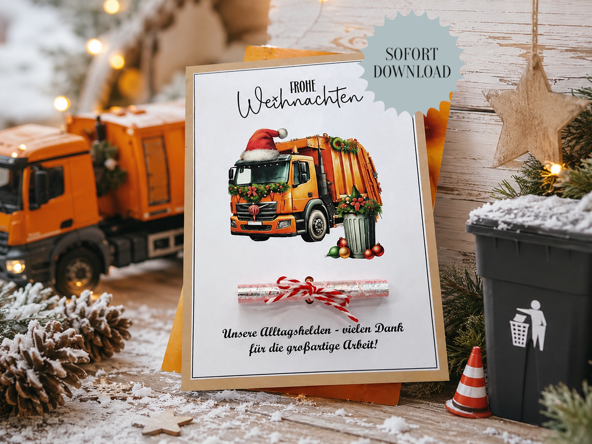 Geldgeschenk Müllabfuhr, Karte, Weihnachten, Druckvorlage, Geschenk, Sofort-Download, Last-Minute-Geschenk, PDF-Datei