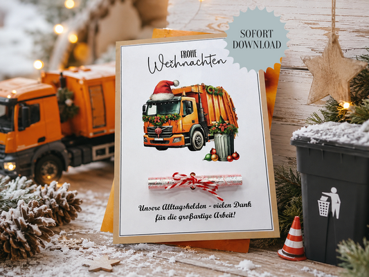 Geldgeschenk Müllabfuhr, Karte, Weihnachten, Druckvorlage, Geschenk, Sofort-Download, Last-Minute-Geschenk, PDF-Datei