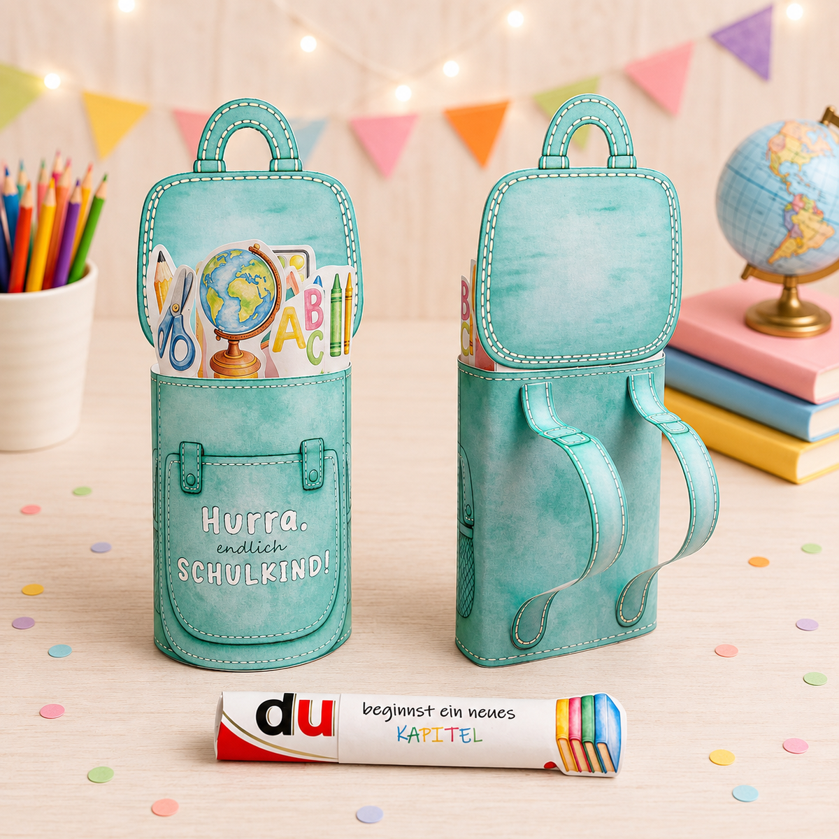Geschenk zur Einschulung, Paket-Version, 4 Varianten, 4 Farben, Duplo-Banderole, kleine Aufmerksamkeit, Druckvorlage, Sofort-Download, Last-Minute-Geschenk, PDF-Datei