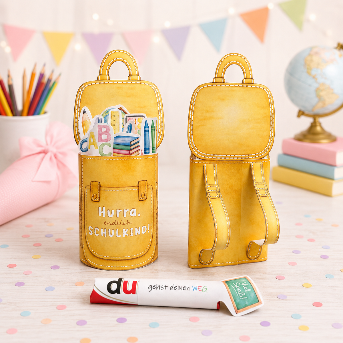 Geschenk zur Einschulung, Paket-Version, 4 Varianten, 4 Farben, Duplo-Banderole, kleine Aufmerksamkeit, Druckvorlage, Sofort-Download, Last-Minute-Geschenk, PDF-Datei