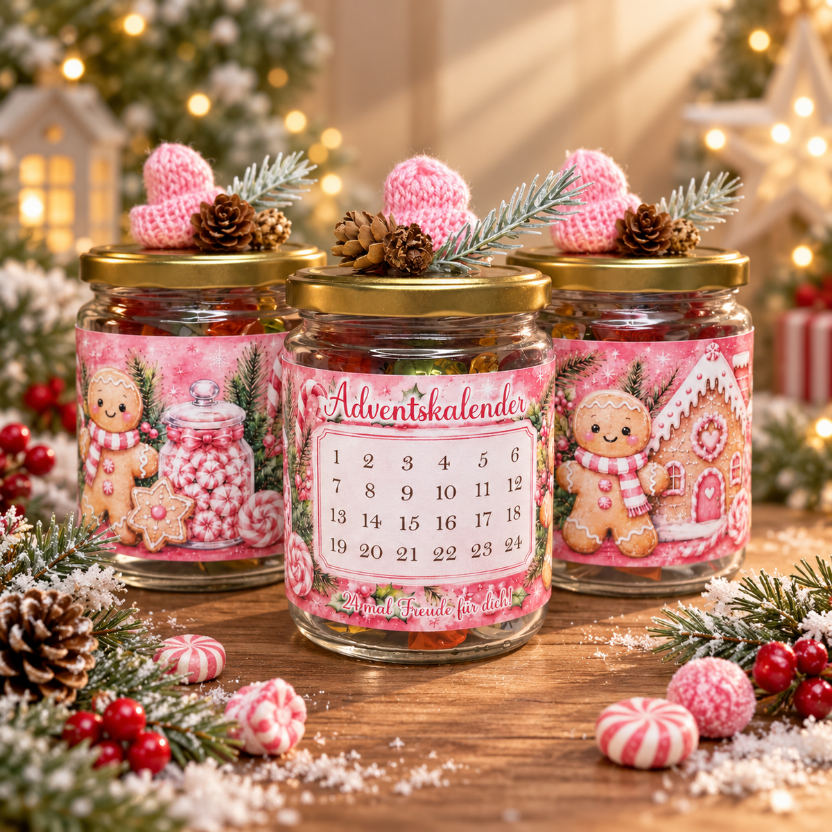 Pinke Adventskalender, 3er-Paket, Kinderriegel-, Toffifee und Glas-Banderole, Weihnachtsgeschenk, kleine Aufmerksamkeit, Druckvorlage, PDF-Datei