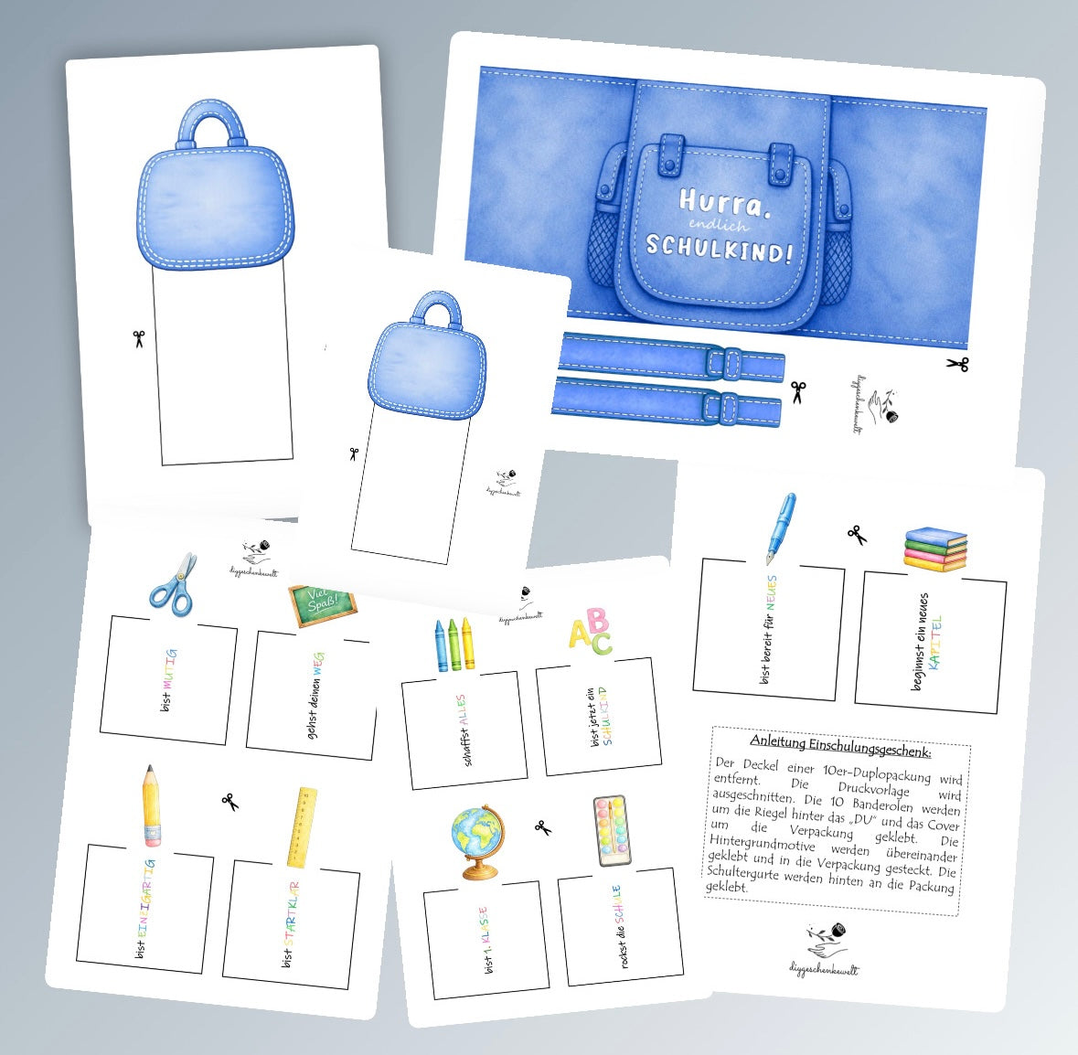 Geschenk zur Einschulung, blaue Schulrucksack-Variante, Duplo-Banderole, kleine Aufmerksamkeit, Druckvorlage, Sofort-Download, Last-Minute-Geschenk, PDF-Datei