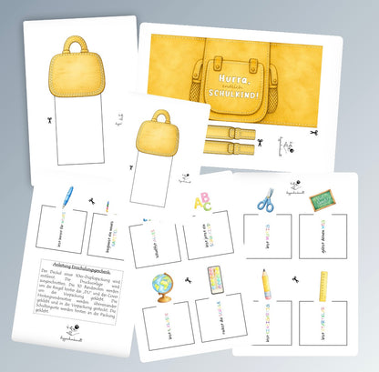 Geschenk zur Einschulung, gelbe Schulrucksack-Variante, Duplo-Banderole, kleine Aufmerksamkeit, Druckvorlage, Sofort-Download, Last-Minute-Geschenk, PDF-Datei