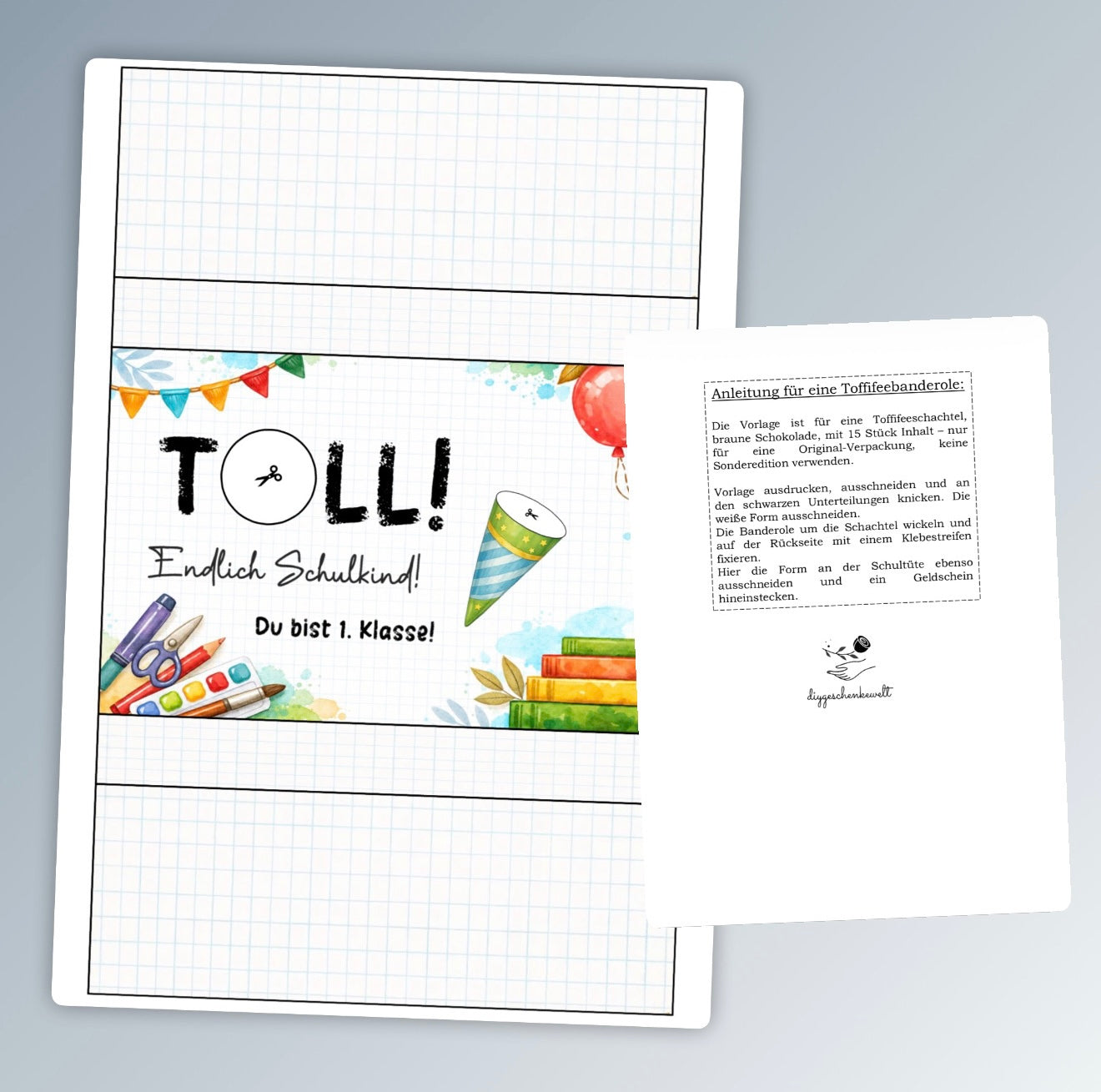 Geldgeschenk zur Einschulung, Toffifee-Banderole, kleine Aufmerksamkeit, Druckvorlage, Sofort-Download,  Last-Minute-Geschenk, PDF-Datei