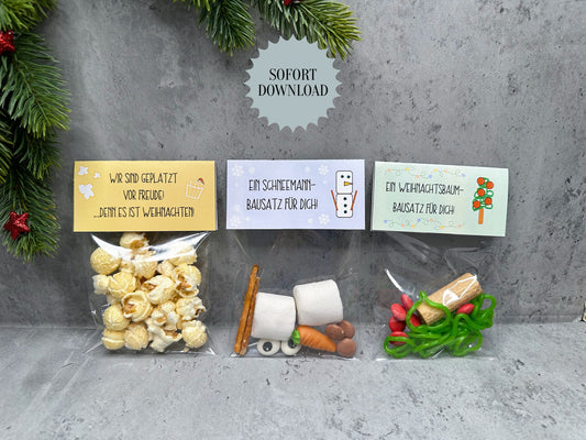 Weihnachten Tüten, Bausätze, Schneemann, Weihnachtsbaum, Popcorn, kleine Aufmerksamkeit, Druckvorlage, PDF-Datei