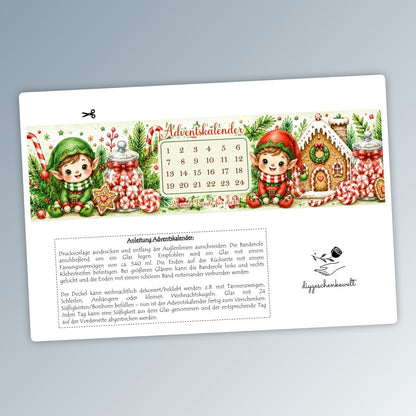 Adventskalender mit 24 Bonbons, Glas-Banderole, grün, Elf-Version, Weihnachtsgeschenk, kleine Aufmerksamkeit, Druckvorlage, PDF-Datei