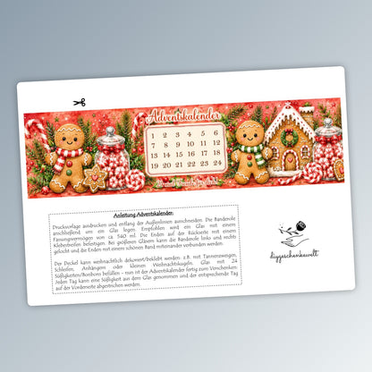 Adventskalender mit 24 Bonbons, Glas-Banderole, rot, Weihnachtsgeschenk, kleine Aufmerksamkeit, Druckvorlage, PDF-Datei