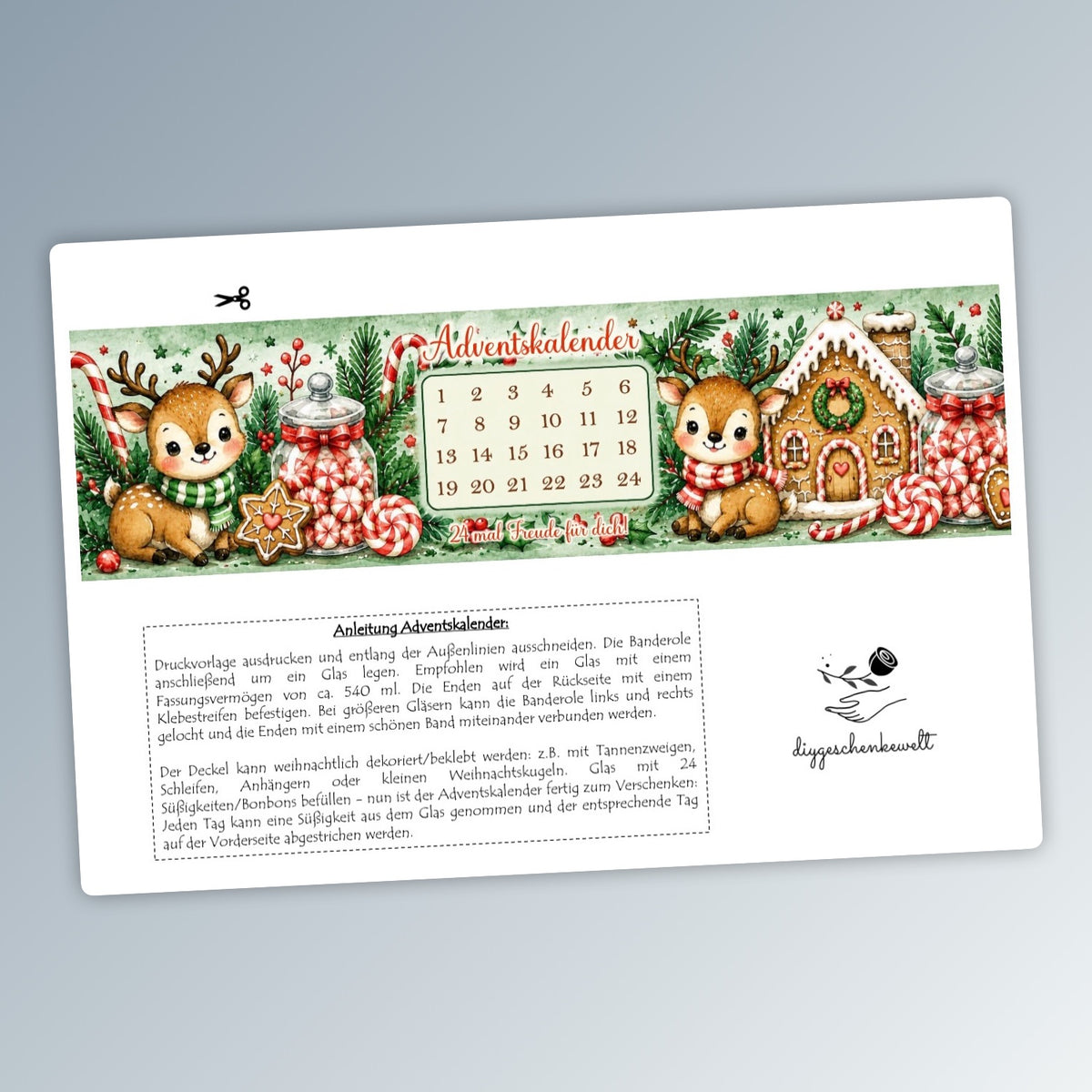 Adventskalender mit 24 Bonbons, Glas-Banderole, grün, Rentier-Version, Weihnachtsgeschenk, kleine Aufmerksamkeit, Druckvorlage, PDF-Datei