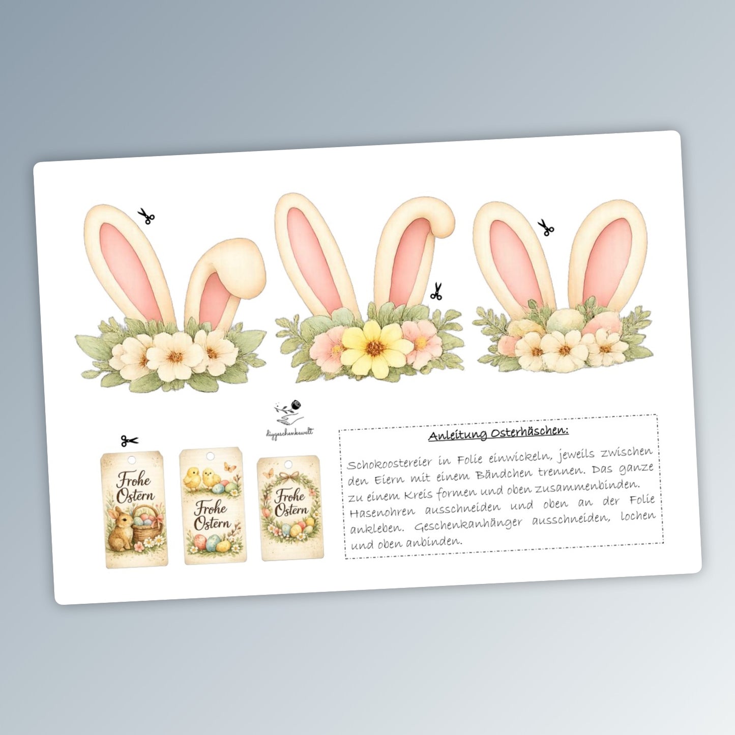 Geschenk zu Ostern, Hasenohren und Geschenkanhänger, Osterschokokränze, kleine Aufmerksamkeit, Druckvorlage, Sofort-Download,  Last-Minute-Geschenk, PDF-Datei