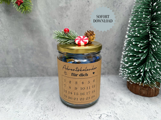 Adventskalender mit 24 Bonbons, Geschenk, Weihnachtsgeschenk, kleine Aufmerksamkeit, Druckvorlage, PDF-Datei